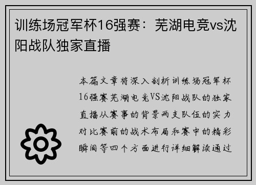 训练场冠军杯16强赛：芜湖电竞vs沈阳战队独家直播